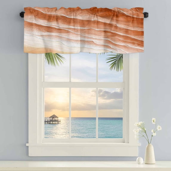 Kitchen Valances for Window, Summer Ocean Orange Waves Light Filtering Rod Pocket Valance Curtain, Nautical Coastal Beach Short Curtains Window Topper for Bedroom Bathroom Living Room 42x18in