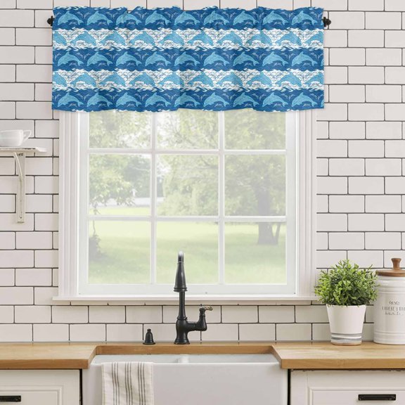 Kitchen Valances for Window, Summer Sea Dolphins Light Filtering Rod Pocket Valance Curtain, Blue White Waves Short Curtains Window Topper for Bedroom Bathroom Living Room 54x18in