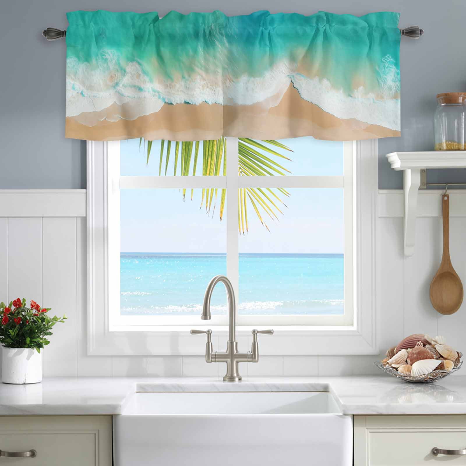 Rod Wave Fall Kitchen Valances for Window, Summer Seaside Beach Wave Light Filtering ...