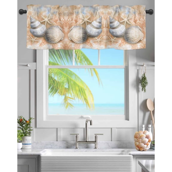 Kitchen Valances for Window, Summer Seaside Shell Conch Starfish Light Filtering Rod Pocket Valance Curtain, Coastal Orange Coral &nbsp;Short Curtains Window Topper for Bedroom 54x18in