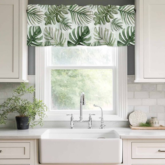 Kitchen Valances for Window, Summer Tropical Sun-kissed Foliage Light Filtering Rod Pocket Valance Curtain, Palm Leaves &nbsp;Short Curtains Window Topper for Bedroom Bathroom Living Room 42x12in