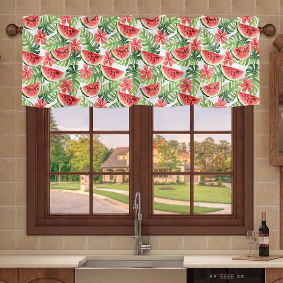 Kitchen Valances for Window, Summer Watermelon Flowers Light Filtering Rod Pocket Valance Curtain, Watercolor Green Leaves Short Curtains Window Topper for Bedroom 42x12in