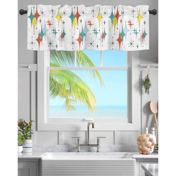 Kitchen Valances for Window, Teal Color Block Diamond Mid Century Light Filtering Rod Pocket Valance Curtain, Abstract Geometric Minimalist Art &nbsp;Short Curtains Window Topper for Bedroom 42x12in