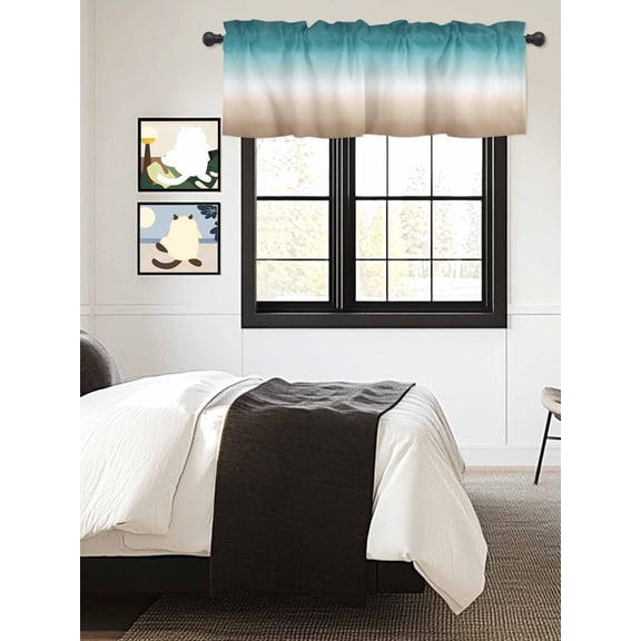 Kitchen Valances for Window, Teal to Khaki Gradient Art Light Filtering Rod Pocket Valance Curtain, Turquoise Watercolor Style Short Curtains Window Topper for Bedroom Bathroom Living Room 54x18in