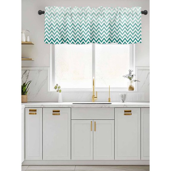 Kitchen Valances for Window, Teal Turquoise Chevron Stripes Light Filtering Rod Pocket Valance Curtain, Ombre Abstract Art Short Curtains Window Topper for Bedroom Bathroom Living Room 42x12in