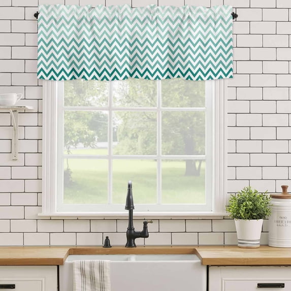 Kitchen Valances for Window, Teal Turquoise Chevron Stripes Light Filtering Rod Pocket Valance Curtain, Ombre Abstract Art Short Curtains Window Topper for Bedroom Bathroom Living Room 54x18in