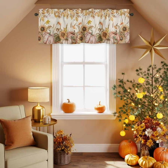 Kitchen Valances for Window, Thanksgiving Pumpkin Autumn Wheat Light Filtering Rod Pocket Valance Curtain, Farm Sunflower Vintage Linen Short Curtains Window Topper for Bedroom 54x18in
