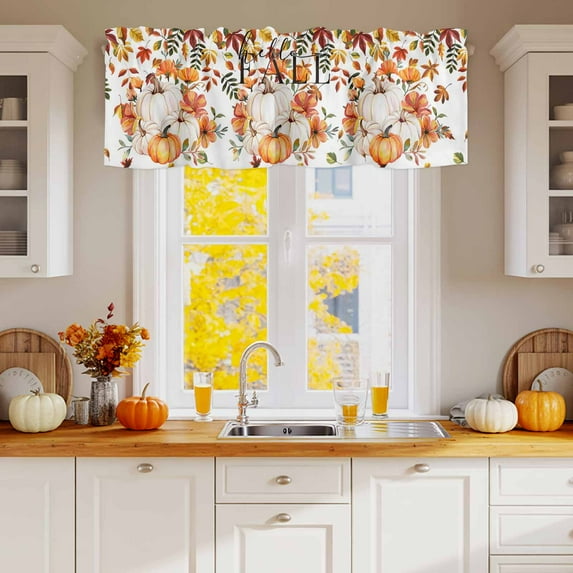 Kitchen Valances for Window, Thanksgiving Pumpkin Harvest Light Filtering Rod Pocket Valance Curtain, Fall Orange Maple Leaves Short Curtains Window Topper for Bedroom Bathroom Living Room 54x18in