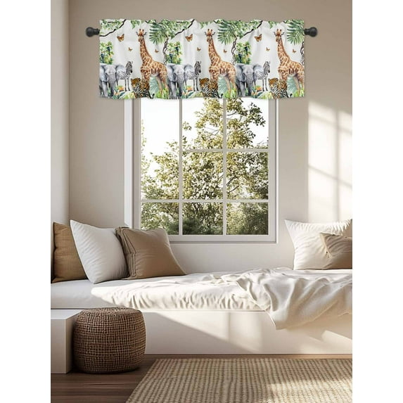 Kitchen Valances for Window, Tiger Elephant Giraffe Animal Light Filtering Rod Pocket Valance Curtain, Tropical Jungle Green Leaves Short Curtains Window Topper for Bedroom Living Room 54x18in