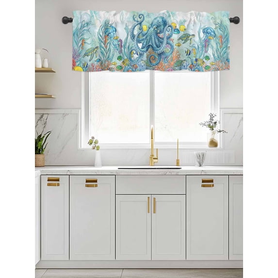 Kitchen Valances for Window, Underwater Life Octopus Coral Light Filtering Rod Pocket Valance Curtain, Ocean Seaweed Fish Seahorse Short Curtains Window Topper for Bedroom 60x18in