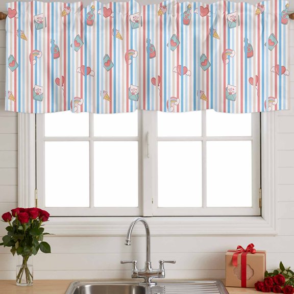 Kitchen Valances for Window, Valentine's Day Cute Rainbow Ice Cream Love Light Filtering Rod Pocket Valance Curtain, Colorful Stripes Short Curtains Window Topper for Bedroom 42x18in