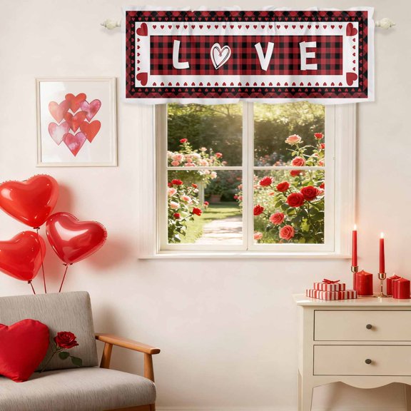 Kitchen Valances for Window, Valentine's Day Sweet Love Light Filtering Rod Pocket Valance Curtain, Red Buffalo Plaid Short Curtains Window Topper for Bedroom 42x12in