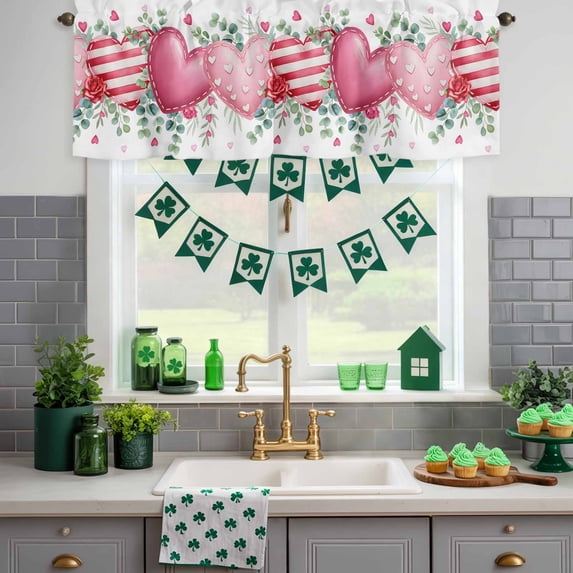 Kitchen Valances for Window, Valentine's Love Heart Eucalyptus Leaf Light Filtering Rod Pocket Valance Curtain, Pink Rose Plant on White Short Curtains Window Topper for Bedroom Living Room 60x18in
