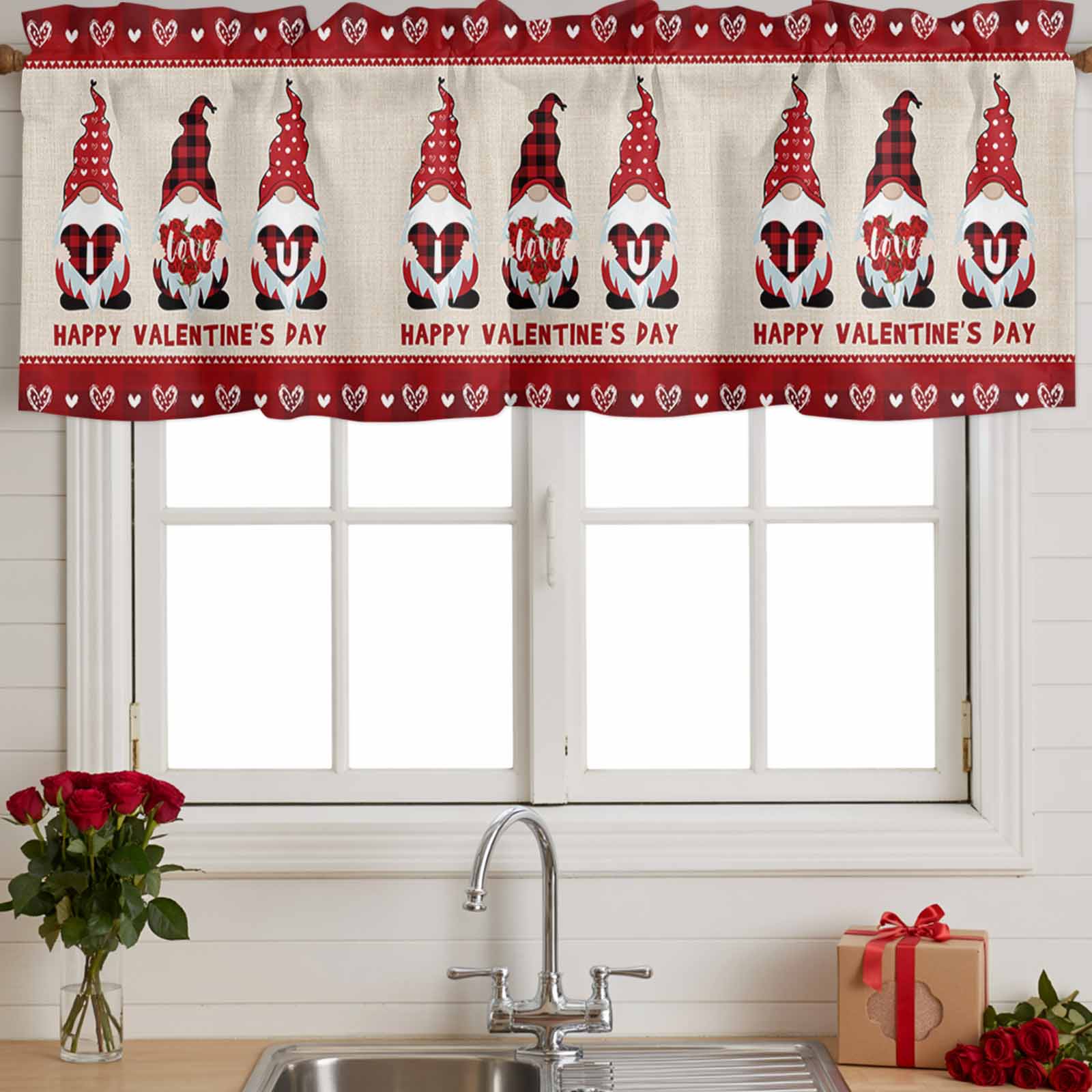 Kitchen Valances for Window, Valentines Day Gnome with Love Hearts ...