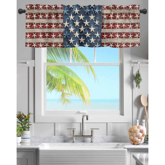 Kitchen Valances for Window, Vintage American Flag Wood Grain Light Filtering Rod Pocket Valance Curtain, Ocean Starfish Star and Stripe Short Curtains Window Topper for Bedroom 42x12in