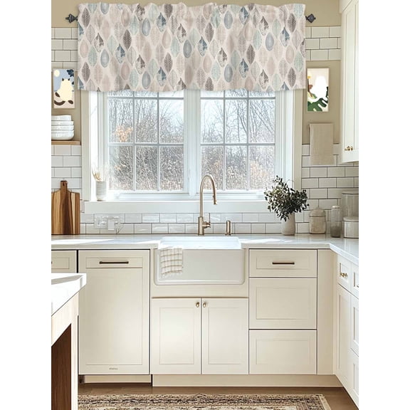 Kitchen Valances for Window, Vintage Botanical Leaves Texture Light Filtering Rod Pocket Valance Curtain, Farm Retro Burlap Linen Short Curtains Window Topper for Bedroom Living Room 54x18in