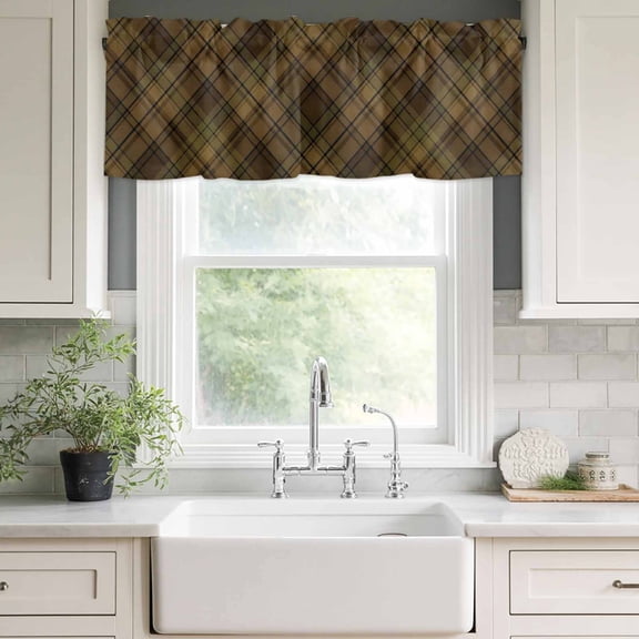 Kitchen Valances for Window, Vintage Brown Tan Woven Texture Light Filtering Rod Pocket Valance Curtain, Farmhouse Buffalo Plaid Short Curtains Window Topper for Bedroom Bathroom 54x18in