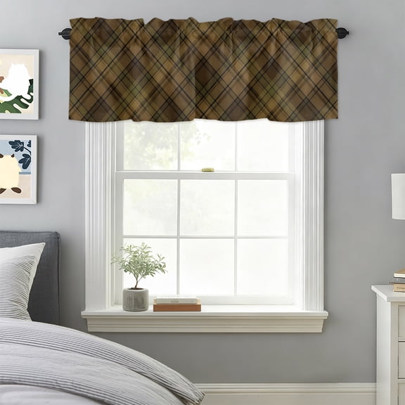 Kitchen Valances for Window, Vintage Brown Tan Woven Texture Light Filtering Rod Pocket Valance Curtain, Farmhouse Buffalo Plaid &nbsp;Short Curtains Window Topper for Bedroom Bathroom 60x18in