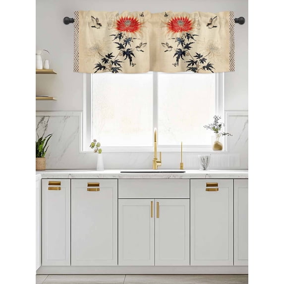 Kitchen Valances for Window, Vintage Chrysanthemum Flower Bird Light Filtering Rod Pocket Valance Curtain, Floral on Brown Linen Short Curtains Window Topper for Bedroom Bathroom Living Room 42x12in
