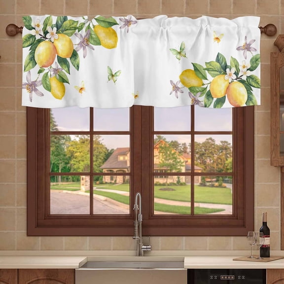 Kitchen Valances for Window, Vintage Farm Lemon Flowers Light Filtering Rod Pocket Valance Curtain, Yellow Fruit Butterfly Floral Short Curtains Window Topper for Bedroom 54x18in