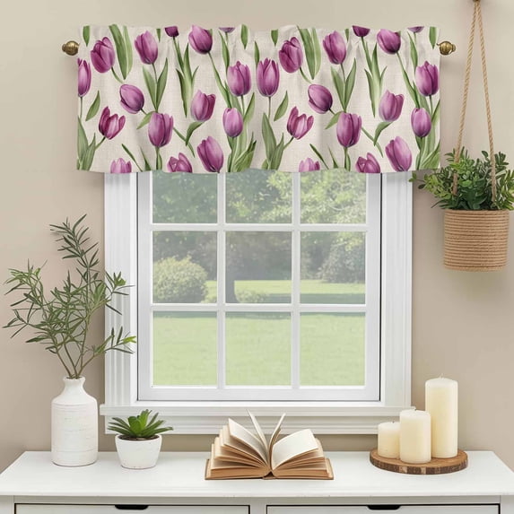 Kitchen Valances for Window, Vintage Farm Purple Tulips Light Filtering Rod Pocket Valance Curtain, Country Floral on Linen &nbsp;Short Curtains Window Topper for Bedroom Bathroom Living Room 60x18in