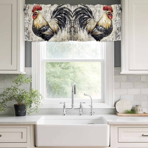 Kitchen Valances for Window, Vintage Farm Rooster Light Filtering Rod Pocket Valance Curtain, Country Chicken on Retro Background Short Curtains Window Topper for Bedroom Bathroom 42x12in