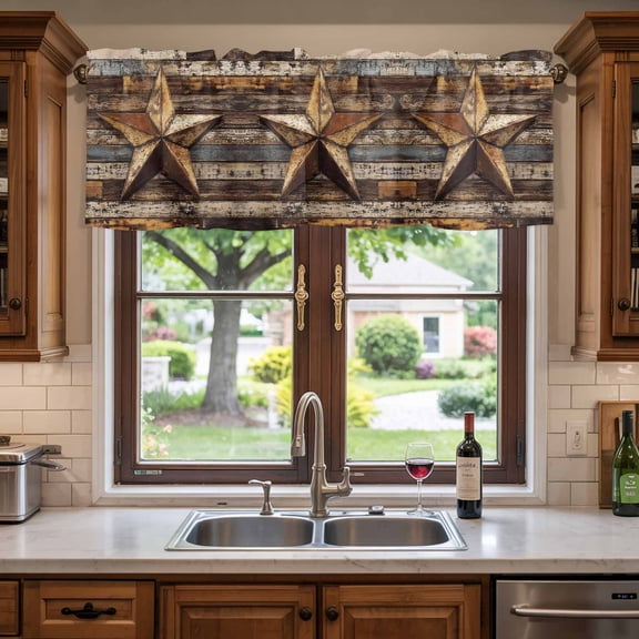 Kitchen Valances for Window, Vintage Metal Texas Stars Light Filtering Rod Pocket Valance Curtain, Western Farmhouse Old Wooden Board Short Curtains Window Topper for Bedroom Living Room 54x18in