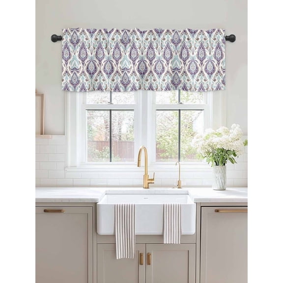 Kitchen Valances for Window, Vintage Mid Century Floral Light Filtering Rod Pocket Valance Curtain, Abstract Purple Blue Texture Short Curtains Window Topper for Bedroom Bathroom Living Room 54x18in