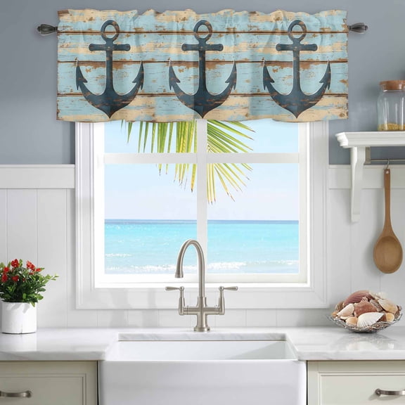 Kitchen Valances for Window, Vintage Nautical Anchor Seamless Light Filtering Rod Pocket Valance Curtain, Watercolor Wood Board Short Curtains Window Topper for Bedroom Bathroom Living Room 42x12in