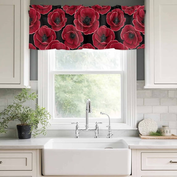 Kitchen Valances for Window, Vintage Red Poppies Light Filtering Rod Pocket Valance Curtain, Watercolor Floral on Black Background Short Curtains Window Topper for Bedroom Living Room 42x18in