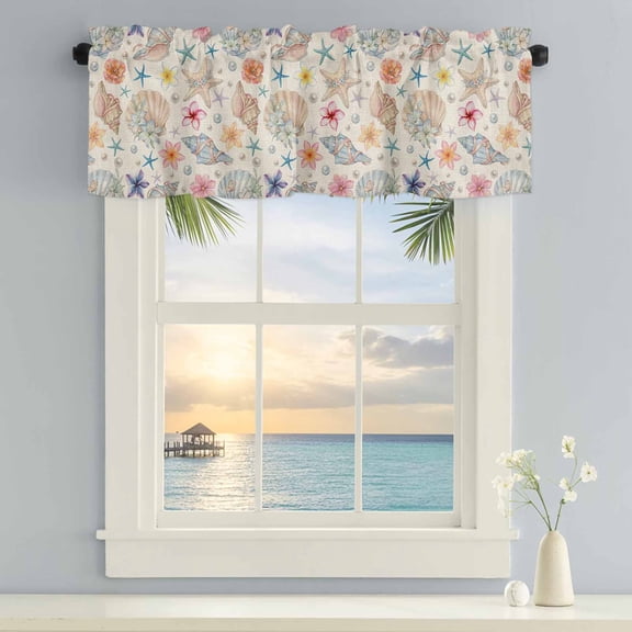 Kitchen Valances for Window, Vintage Sea Stars Pearls Shells Flowers Light Filtering Rod Pocket Valance Curtain, Summer Plant Short Curtains Window Topper for Bedroom Bathroom Living Room 60x18in