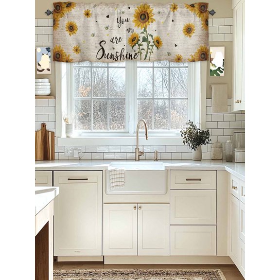 Kitchen Valances for Window, Vintage Sunflower Country Leaves Light Filtering Rod Pocket Valance Curtain, My Sunshine Quote Short Curtains Window Topper for Bedroom Bathroom Living Room 42x12in