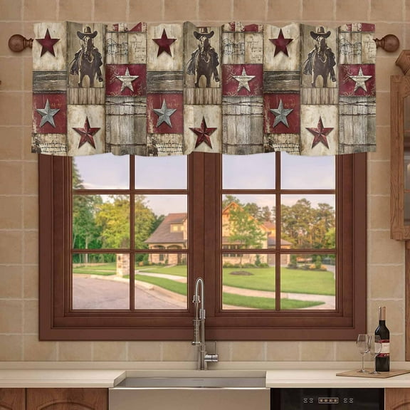 Kitchen Valances for Window, Vintage Texas Western Country Star Light Filtering Rod Pocket Valance Curtain, Cowboy Horse Wooden Plank &nbsp;Short Curtains Window Topper for Bedroom 54x18in