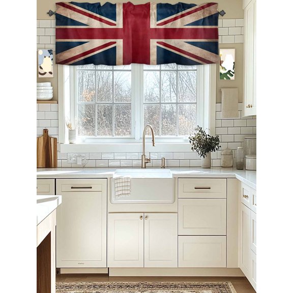 Kitchen Valances for Window, Vintage Union Jack Flag Light Filtering Rod Pocket Valance Curtain, Reerto Flags Of The United Kingdom Short Curtains Window Topper for Bedroom Living Room 42x12in