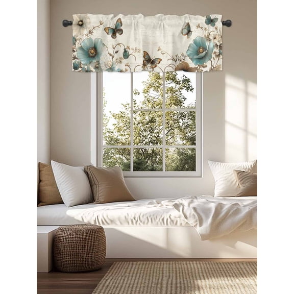 Kitchen Valances for Window, Vintage Victorian Flower Light Filtering Rod Pocket Valance Curtain, Retro Floral Butterfly on Letter Short Curtains Window Topper for Bedroom Living Room 54x18in