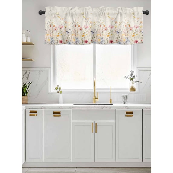 Kitchen Valances for Window, Vintage Watercolor Garden Flower Light Filtering Rod Pocket Valance Curtain, Country Blossom Floral Flax Short Curtains Window Topper for Bedroom 42x12in