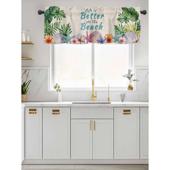 Kitchen Valances for Window, Vintage Watercolor Tropical Plants Light Filtering Rod Pocket Valance Curtain, Marine Creature on Linen Short Curtains Window Topper for Bedroom 42x12in