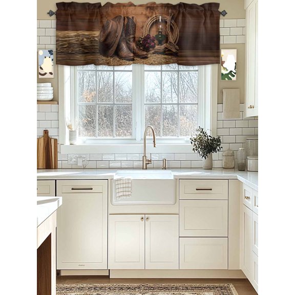 Kitchen Valances for Window, Vintage Western Cowboy Boots Hat Light Filtering Rod Pocket Valance Curtain, Rose Flower Farm Wood Grain Short Curtains Window Topper for Bedroom Living Room 42x12in