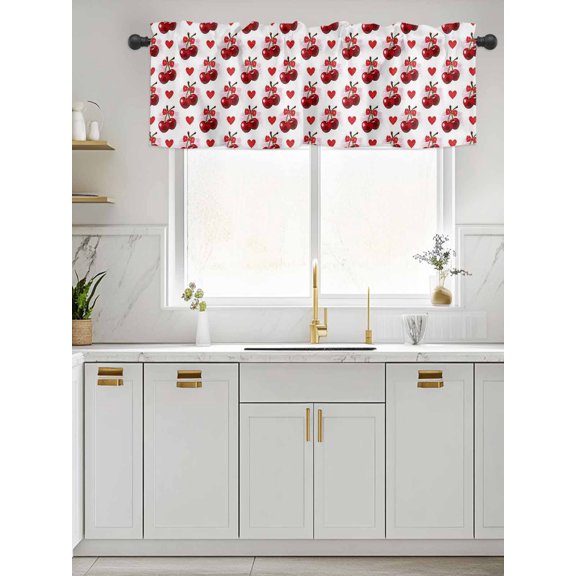 Kitchen Valances for Window, Watercolor Cherry Red Heart Bow Light Filtering Rod Pocket Valance Curtain, Seamless Fruit on White Short Curtains Window Topper for Bedroom Bathroom Living Room 60x18in