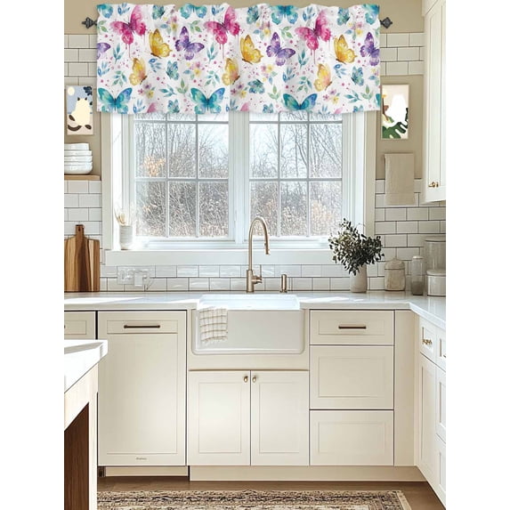 Kitchen Valances for Window, Watercolor Country Butterflies Light Filtering Rod Pocket Valance Curtain, Spring Flowers Art Short Curtains Window Topper for Bedroom Bathroom Living Room 42x12in