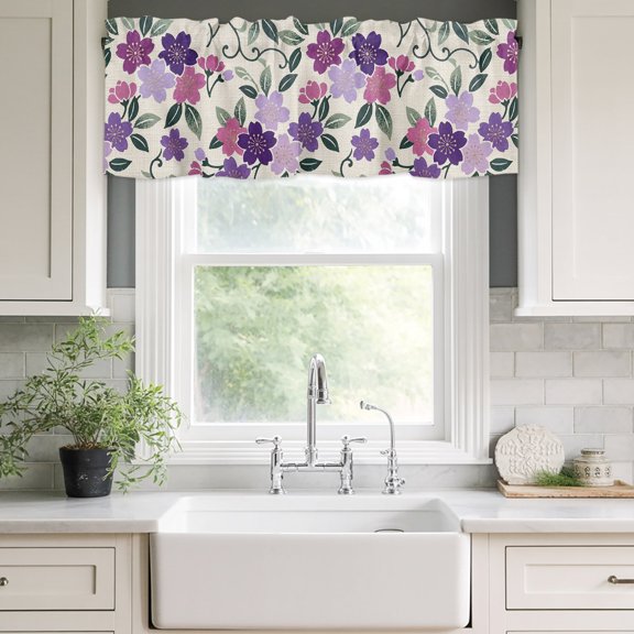 Kitchen Valances for Window, Watercolor Country Flowers Light Filtering Rod Pocket Valance Curtain, Plum Blossoms on Linen Short Curtains Window Topper for Bedroom Bathroom Living Room 54x18in