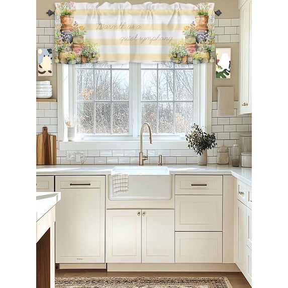 Kitchen Valances for Window, Watercolor Flower Potted Plant Light Filtering Rod Pocket Valance Curtain, Farm Beige White Stripe Short Curtains Window Topper for Bedroom Bathroom Living Room 42x12in