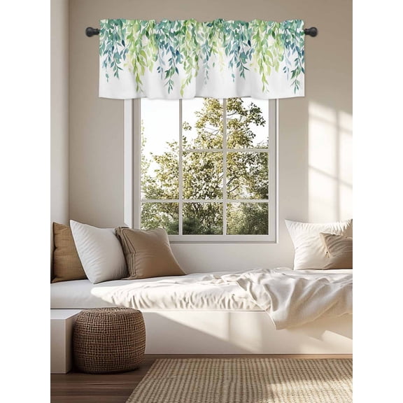 Kitchen Valances for Window, Watercolor Foliage Pastoral Willow Light Filtering Rod Pocket Valance Curtain, Spring Gradient Plant Short Curtains Window Topper for Bedroom Living Room 54x18in