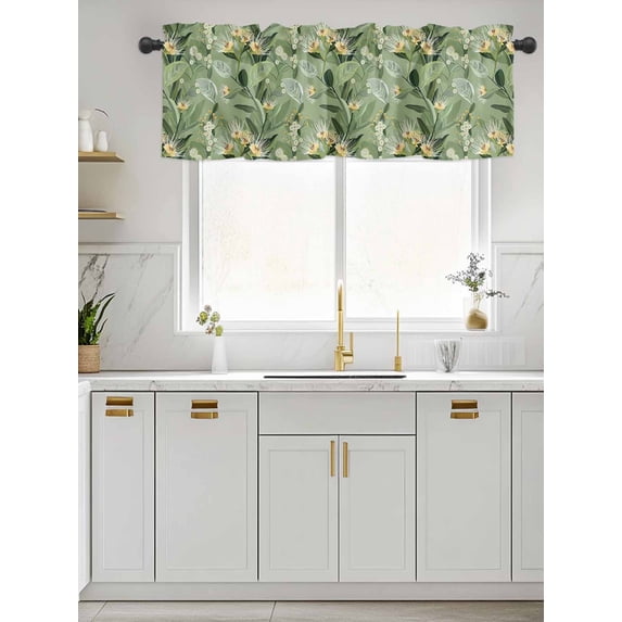 Kitchen Valances for Window, Watercolor Green Botanical Leaves Light Filtering Rod Pocket Valance Curtain, Garden Dandelion Flower Foliage Short Curtains Window Topper for Bedroom 60x18in
