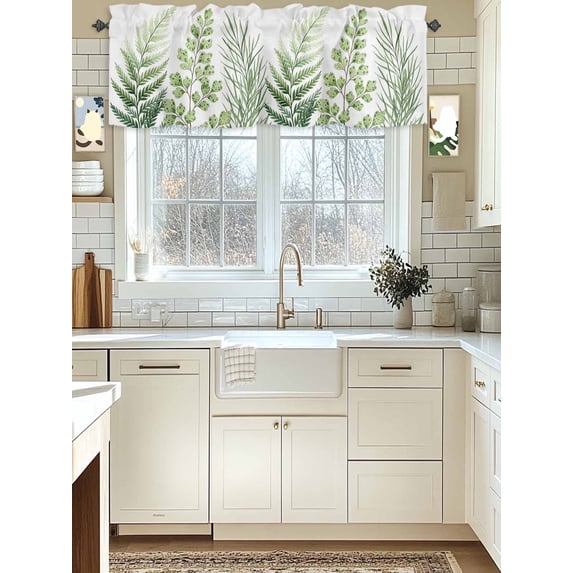 Kitchen Valances for Window, Watercolor Green Ferns Plant Light Filtering Rod Pocket Valance Curtain, Country Leaves on White Short Curtains Window Topper for Bedroom Bathroom Living Room 42x12in