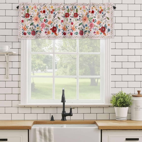 Kitchen Valances for Window, Watercolor Leaf Colorful Bloom Floral Light Filtering Rod Pocket Valance Curtain, Vintage Country on Pink Short Curtains Window Topper for Bedroom Living Room 54x18in