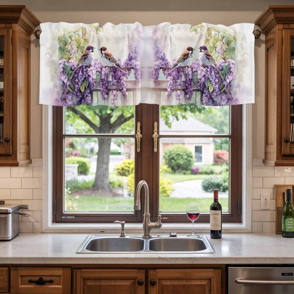 Kitchen Valances for Window, Watercolor Sparrow Bird Lavender Light Filtering Rod Pocket Valance Curtain, Idyllic Flower Leaves Fence Short Curtains Window Topper for Bedroom Living Room 42x12in