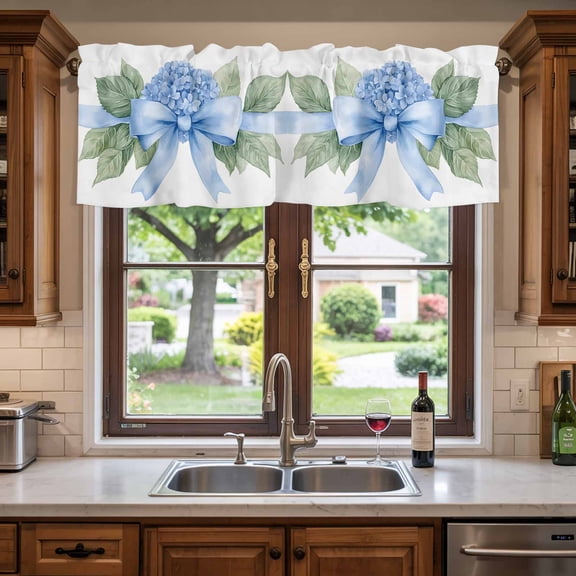 Kitchen Valances for Window, Watercolor Spring Blue Flower Bow on White Light Filtering Rod Pocket Valance Curtain, Green Leaves Short Curtains Window Topper for Bedroom Bathroom Living Room 60x18in