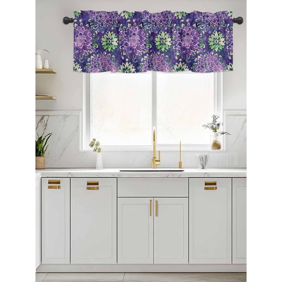 Kitchen Valances for Window, Watercolor Vintage Flowers Purple Green Gradient Light Filtering Rod Pocket Valance Curtain, Flower Art Short Curtains Window Topper for Bedroom 42x12in
