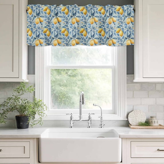 Kitchen Valances for Window, Watercolor Yellow Lemon Leaves on Linen Light Filtering Rod Pocket Valance Curtain, Blue Theme &nbsp;Short Curtains Window Topper for Bedroom Bathroom Living Room 42x18in